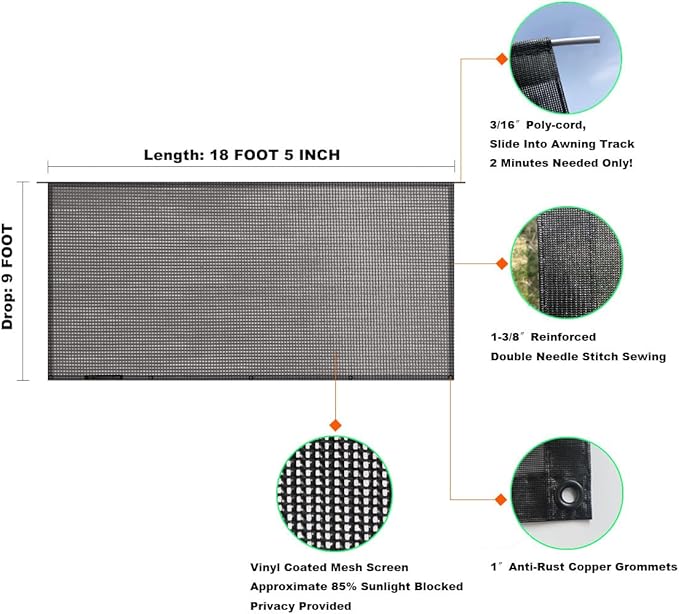 Shadeidea RV Awning Sun Shade Screen for Awning - 9' X 18' 5'' Black Mesh Sunshade Motorhome Camping Trailer UV Sunblocker Canopy Sunscreen - 3 Year Warranty