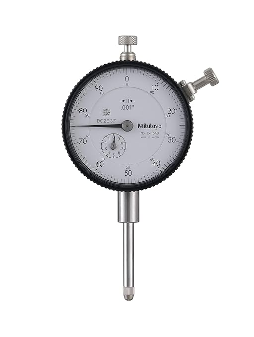 Mitutoyo 2416A Dial Indicator, 0-1" Measuring Range, 0.001" Graduation, Stem-Bush Design for Longer Clamping Range, High Dust Resistance, Rigid Bearing Plate for Reduced Tracing Error | 0.001" Graduation