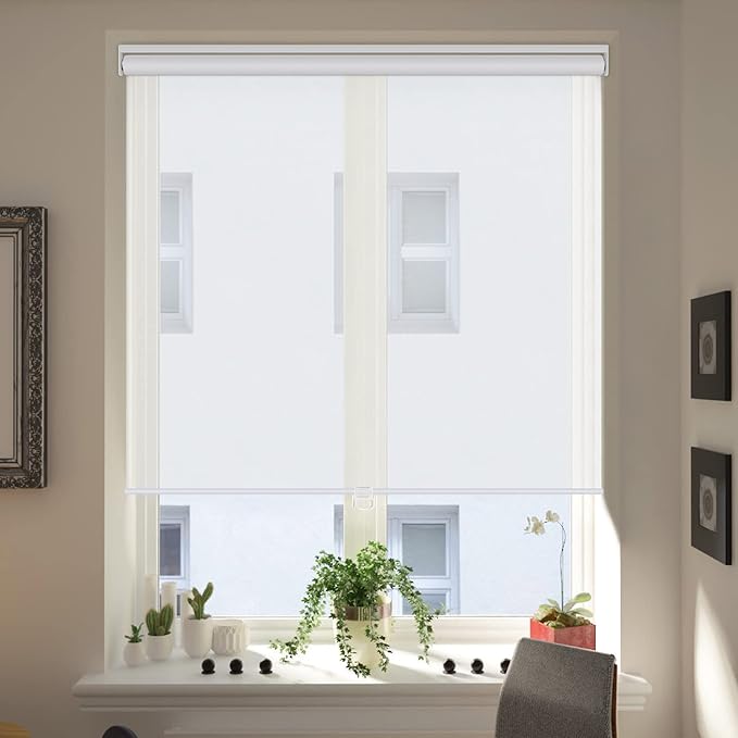 LUCKUP Light Filtering Roller Shades for Windows, Cordless Semi Sheer Solar Blinds with 5% Openness Free-Stop Window Shades for Home & Office, White 34" W x 72" L