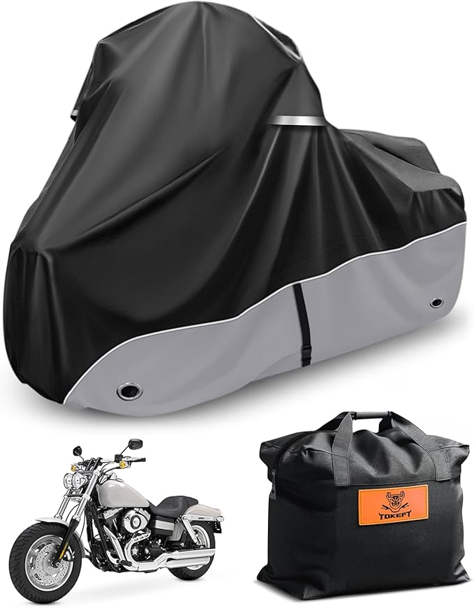 Motorcycle Cover 420D Heavy Duty All-Season Weatherproof Outdoor Protective Cover, Featuring Ventilation Holes & Night Reflective, 96" XXL Vehicle Cover/Black Gray