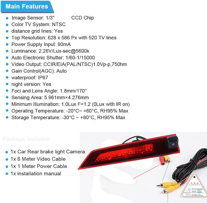 Car High Mount Brake Light Reversing Camera Brake Lamp Backup Camera Built-in LED Together for Ford Transit Custom 2012-2016