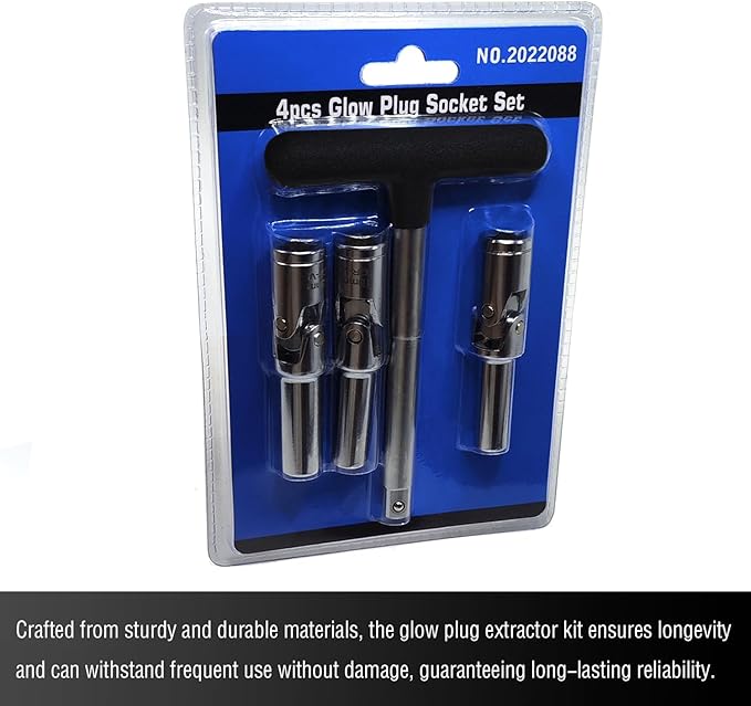 4PCS Glow Plug Socket Set with 3/8" Dr T-Bar, Universal Joints(8mm, 10mm, 12mm), Broken Glow Plug Removal Tool, Glow Plug Wrench Extractor Kit