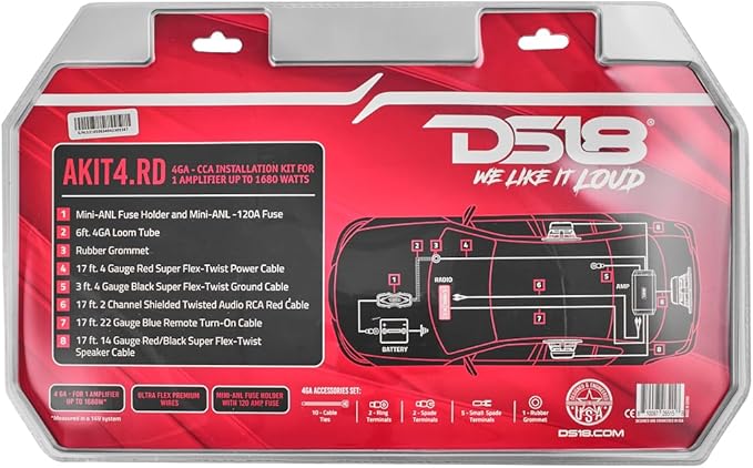 DS18 AKIT4.RD 4-GA Amplifier Installation Kit Up to 1680 Watts RMS, Mini-ANL Fuse Holder, Speaker & RCA Cables, CCA Amplifier Wiring Kit, Ultra Flex Wire, Amp Wire Kit, Amp Wiring Kit 4 Gauge - Red