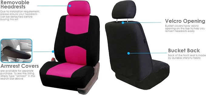 FH Group Car Seat Covers Flat Cloth Front Seats Only Pink Automotive Seat Cover, Airbag Compatible Universal Fit Interior Accessories Cars Trucks SUV Combo Steering Wheel Cover & Seat Belt Pads