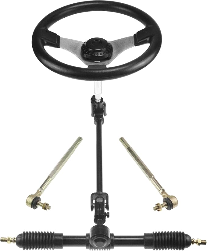 270mm/10.6'' Front Steering Wheel 450mm/17.7'' Rack Pinion Adjustable Shaft Tie Rod Ends Assembly with 22mm/0.87'' Handlebar Mounting Clamps for DIY 110cc 125cc 150cc Go-Karts UTVs Off-road