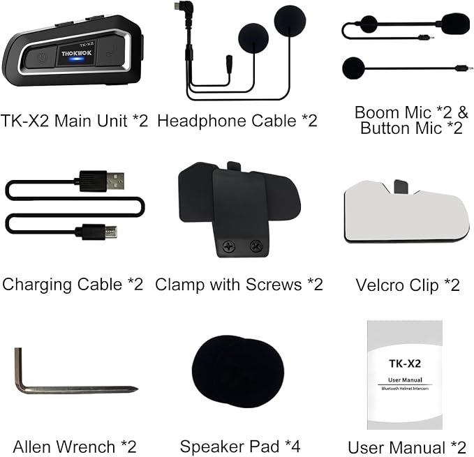 Helmet Bluetooth Headset Up to 3 Riders, TK-X2 1000m Motorcycle Bluetooth Headset Intercom with Noise Cancellation/FM Radio/Stereo Music, Universal Communication System Headphones for ATV/Ski (Pack 2)