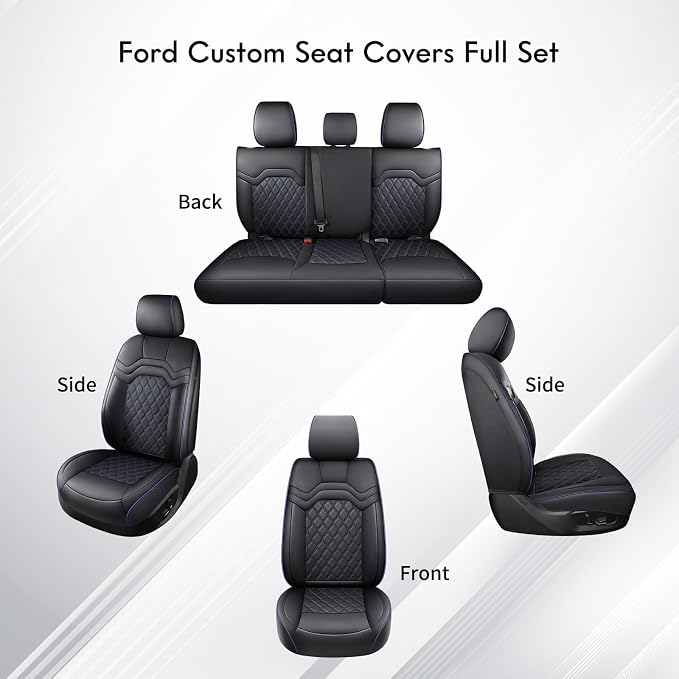Huidasource Car Seat Covers Full Set, Full Coverage Leather Seat Cushion Protector Fit for 2015-2026 Ford F150 & 2017-2026 F250 F350 F450 Crew Cab XL XLT Lariat King Ranch, Black&Blue
