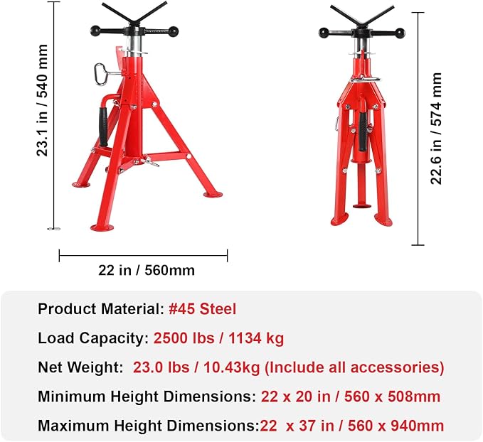 Heavy-Duty Folding Pipe Jack Stand, 2500LB Capacity Jack Stand, 20-37 Inch Adjustable Pipe Support