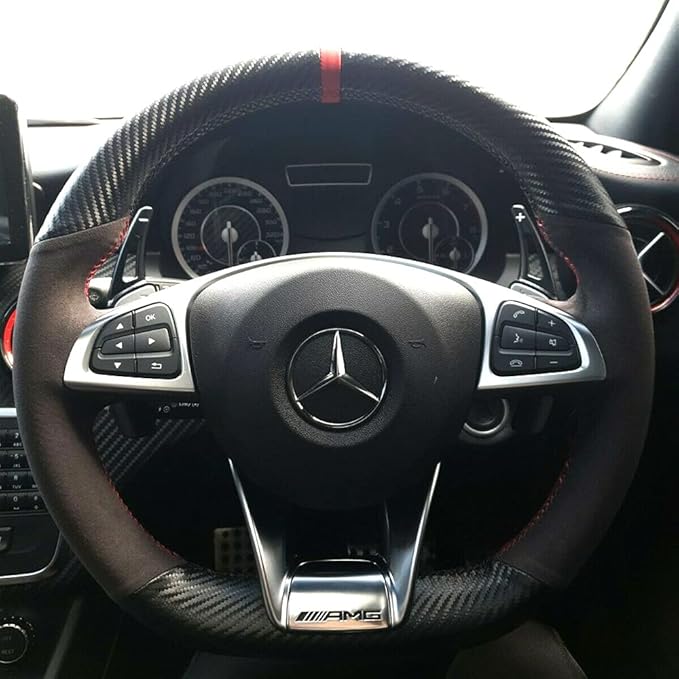 Matte Black Carbon Fiber&Suede Leather Steering Wheel Cover Hand-Stitch on Wrap Fit for Mercedes Benz W205/C43 GLA45 GLC43 AMG/CLA-Class C117/X156/C218/W213/X253 C253/W166/W222/SLC R172/R231