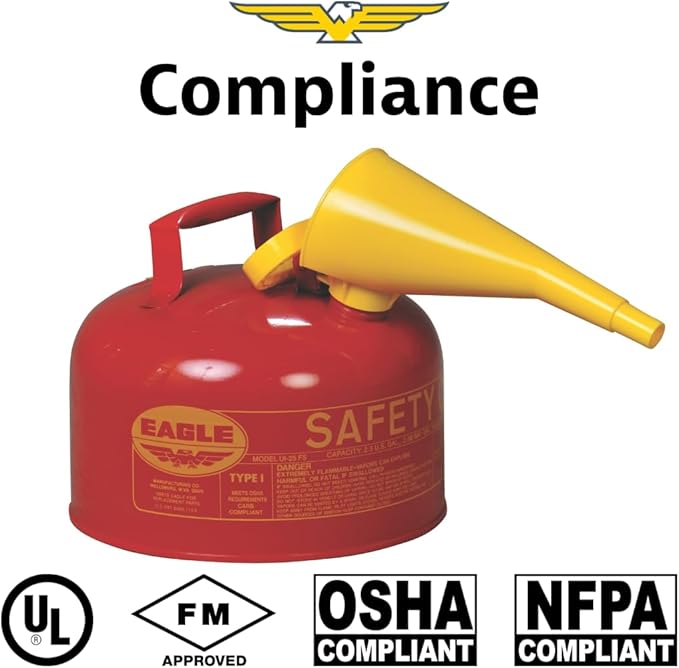 Eagle 2.5 Gallon Type I Red Safety Gas Can for Gasoline with Flame Arrester, Self-Closing Lid, and F-15 Funnel, Made in the USA, Galvanized Steel Flammable Storage Can, UI25FS
