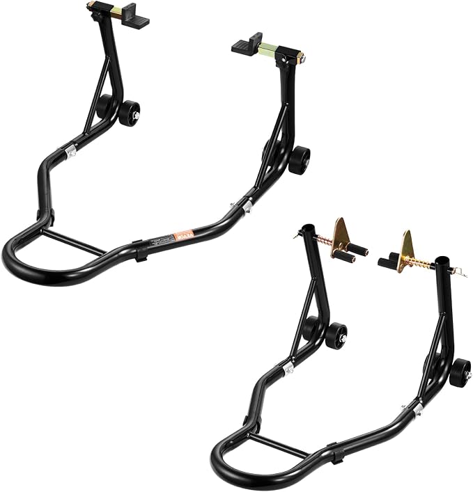 VEVOR Motorcycle Stand Lift, 1100lbs Capacity Front Rear Combo Stand Lift, Front Wheel Dual-Fork Stands, Rear U+L Fork Swingarm Spool Stands, for Most Yamaha Honda Kawasaki Suzuki Motorcycles, Black
