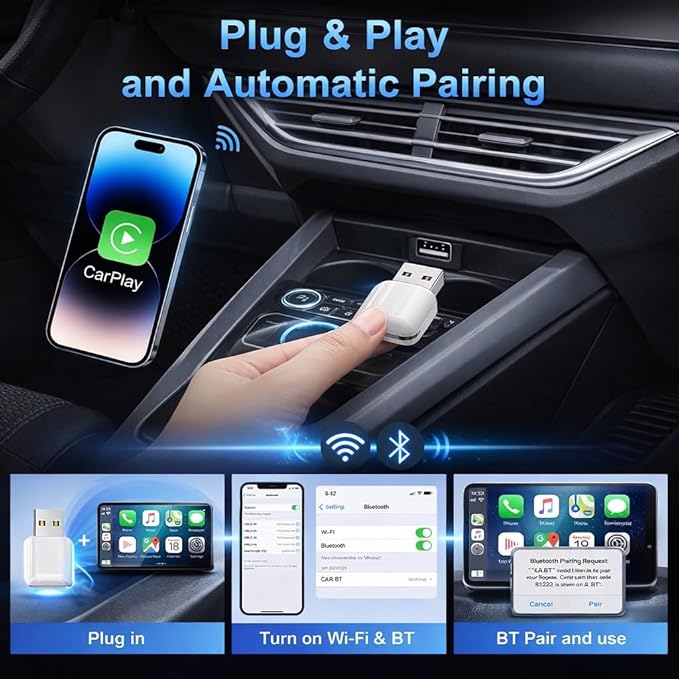 New Smart Wireless CarPlay Adapter for Apple iPhone – Slim & Super Small USB Dongle, Converts Wired CarPlay to Wireless, Stable Connection, Compatible with OEM Wired CarPlay Vehicles & iOS 10+ (White)