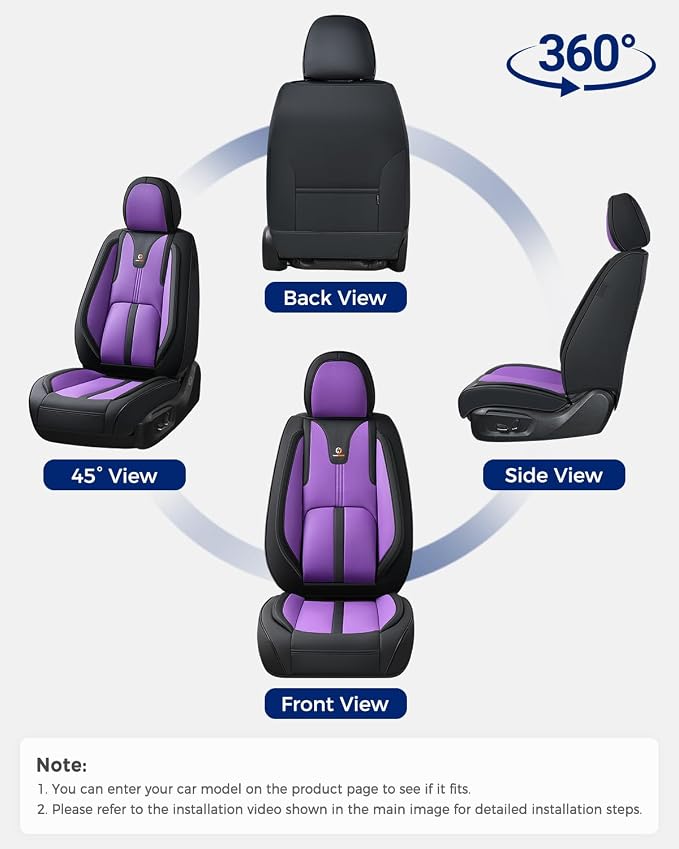 Huidasource Front Car Seat Cover Luxury Nappa Leather, Leather Front Seat Covers with Airbag, Front Storage Pocket, Lumbar Support, Cooling&Heating Universal Fit for Most Cars SUV Trucks, Black&Purple