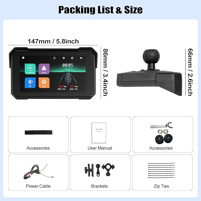 CAMECHO Portable Car Play Screen for Motorcycle, Wireless CarPlay & Android Auto for Motorbike, 5" IP68 Waterproof Touch Screen Motorcycle GPS Navigation System,Bluetooth, Support Siri USB TF EQ 12V