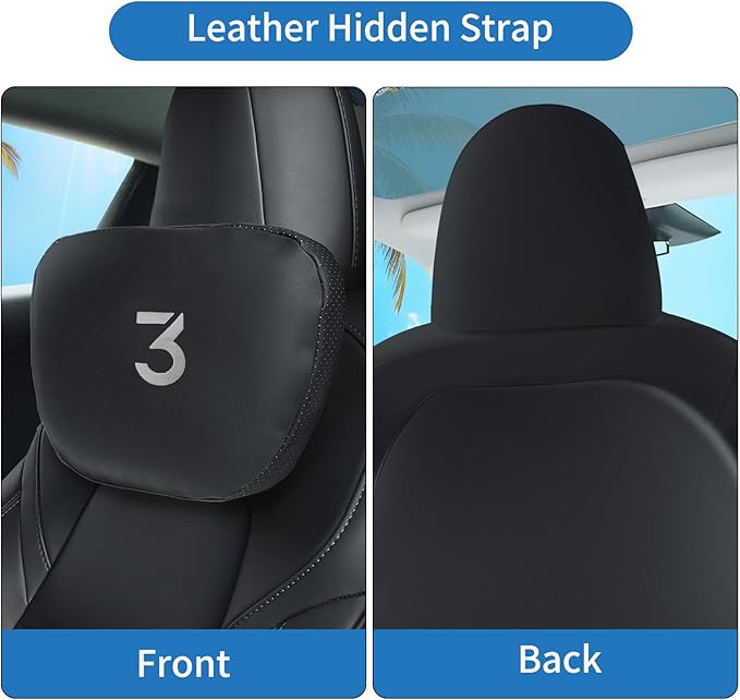 Nappa Leather Car Neck Pillow for Tesla Model Y Model 3 Juniper/Highland Headrest Pillow Memory Foam Ergonomic Design Breathable Height Adjustable Accessories (Black-2 pcs-3)