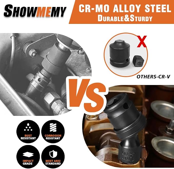 Drive Impact Universal Joint Socket Set, 6 Points, Shallow Swivel Socket Set, Cr-Mo Steel. Heavy Duty Storage Case (Metric 1/2", Metric 1/2")