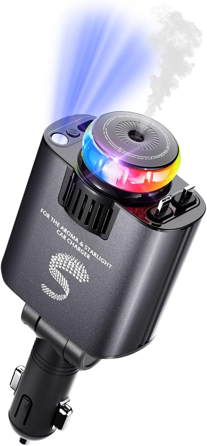 Retractable Car Charger USB C Fast Charging 60W, Car Accessories Cigarette Lighter Adapter with Aromatherapy Starlight for iPhone 16 15 14 13 12 11 Essentials Gift for Travelers, Men, Women