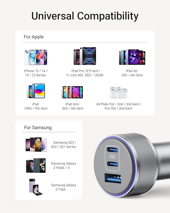 iPhone 17 USB-C Car Charger, 167.5W Max 3-Port Type-C Fast Charging Cigarette Lighter,Charger Adapter for iPhone 16/15/14/13,Samsung S24/S23/S22,Pixel,iPad Air,AirPods,Android