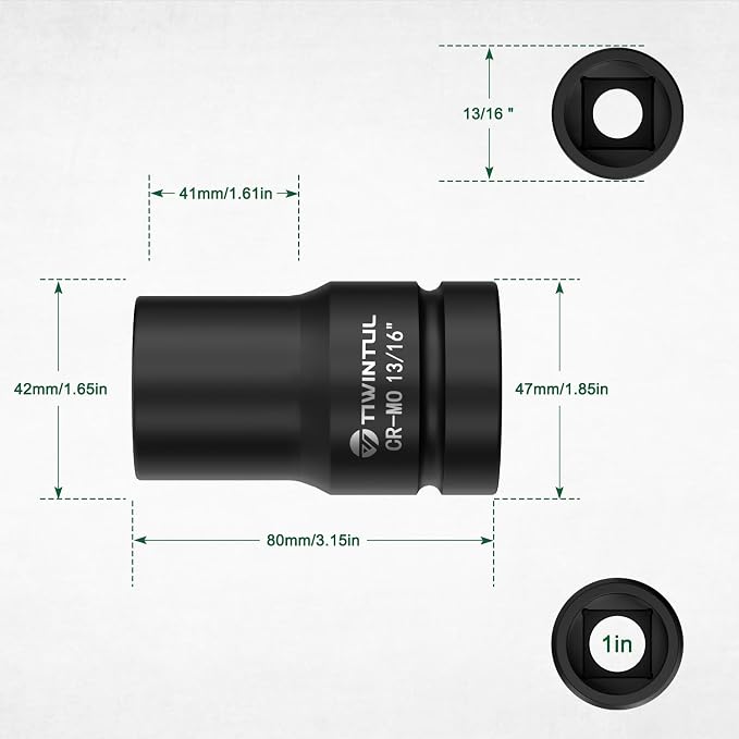 13/16" Impact Socket 1" Drive, for Truck Axle Nuts & Hub Removal | Square, 6 Point Design, CR-MO ANSI Certified, Heavy Duty Socket 1 Inch Drive for Suspension & Heavy Equipment Maintenance