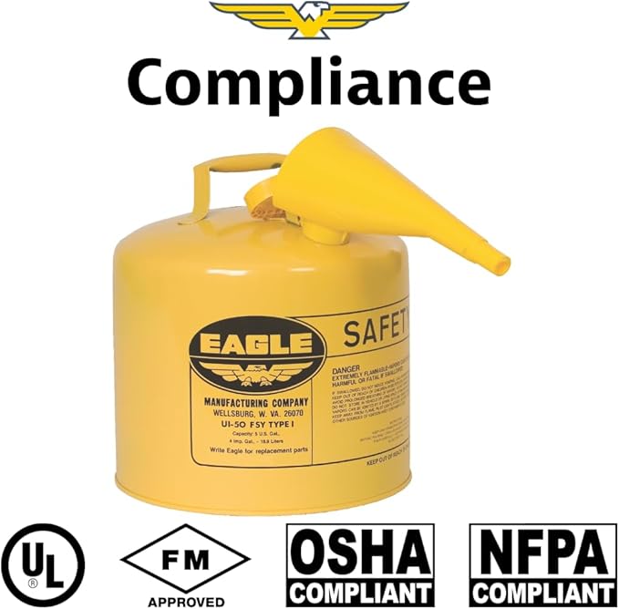 Eagle 5 Gallon Type I Yellow Safety Gas Can for Diesel with Flame Arrester, Self-Closing Lid, and F-15 Funnel, Made in the USA, Galvanized Steel Flammable Storage Can, UI50FSY