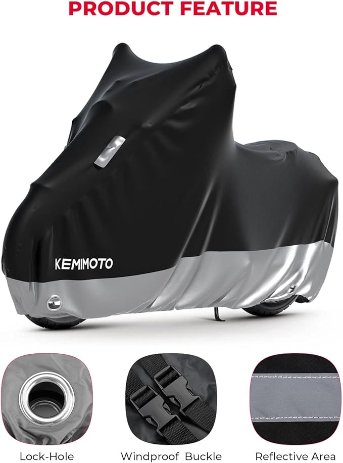 KEMIMOTO Heavy Duty 300D Motorcycle Cover Waterproof with Tail Tidy Window Fit for Grom Navi Monkey Z125 Benelli Mini Motorbike Covers with Soft Cotton Lining & Lock Hole UV Dust Outdoor All Weather