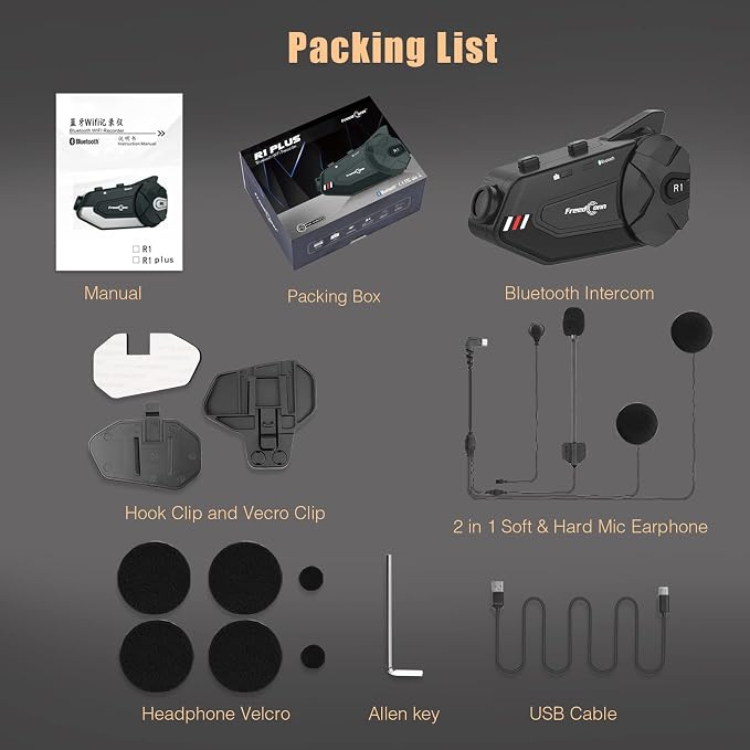 FreedConn Motorcycle Helmet Headset with Camera R1plus Helmet Intercom 1080P WiFi Motorcycle Communication Systems with CVC Noise Cancellation/Music Sharing /IP65 Waterproof(Comes with 64G TF Card)
