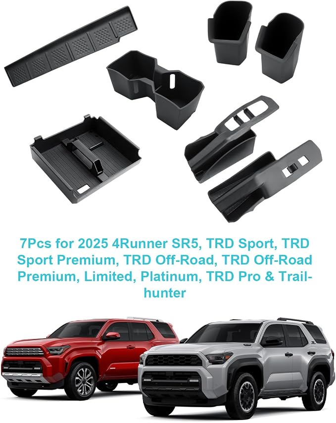 CDEFG 7Pcs for 2025 2026 Toyota 4Runner Center Console Organizer for 2026 Toyota 4Runner Accessories Middle Console & Front Row Passenger Side Storage Box & Cup Holders & Rear Door Storage Pockets