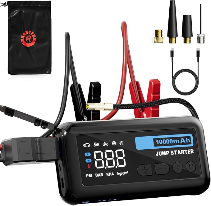Jump Starter with 150PSI Air Compressor, 2000A Peak 12V Booster, 10000mAh Portable Car Battery Jump Starter, Up to 10L Gas/8L Diesel Engines, 33W Bidirectional Fast Charging Power Bank-Black