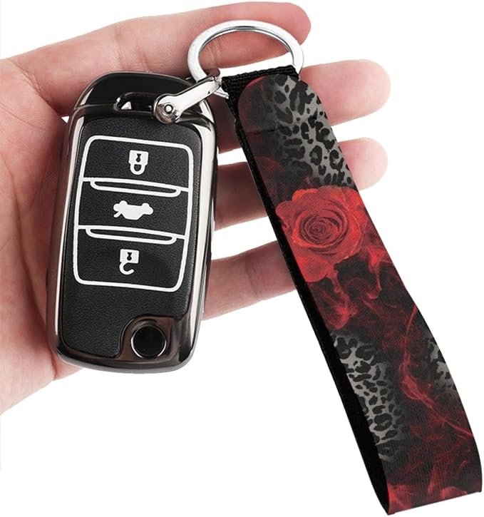 Howilath Red Rose Flowers Leopard Print Car Front Seat Covers, 10pcs Car Front Seat Covers/Steering Wheel Cover/Seatbelt Pads/Keychain/Armrest Cushion/Coasters Vehicle Seat Protector Accessories
