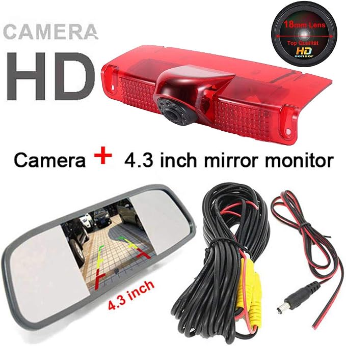 1280 * 720 Pixels Car Third Roof Top Mount Brake Lamp Camera Brake Light Rear View Backup Camera Replacement for Chevrolet Express GMC Savana Vans Exporer Vans Cargo 2003-2018 +4.3" Reverse Mirror