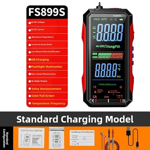 FS899S Digital Multimeter Tester, USB Rechargeable Smart Auto Ranging Multimeter, Measure AC/DC Current/Voltage, Capacity, Continuity, Resistance, Frequency, Non-Contact Voltage (NCV)(FS899S)