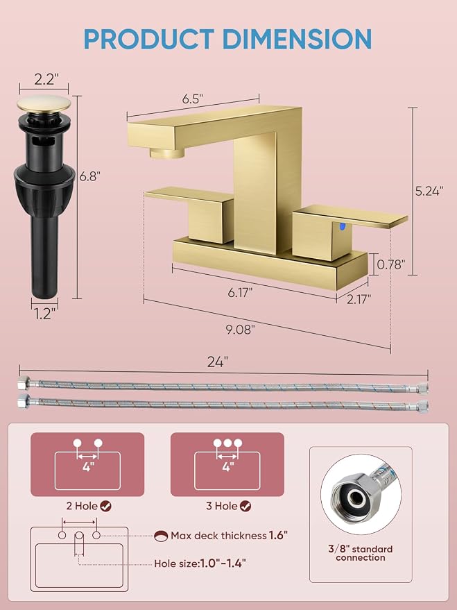 Cobbe Bathroom Faucets for Sink 3 Hole, Brushed Gold Bathroom Sink Faucet Square 4 Inch Centerset with Pop-Up Drain, 2 Handle and 2 Supply Hoses, Lead-Free Stainless Steel for Vanity, Rv, Farmhouse