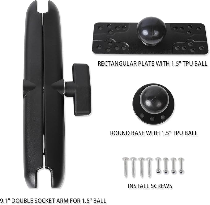 xik 1.5" Ball Long Arm Fish Finder Mount, Aluminum Alloy Marine Electronic Mount, Round Base with 1.5 inches / 38mm / C Size Ball Adapters, Compatible with Garmin, Lowrance, Humminbird and More