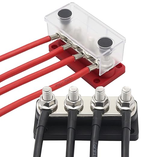 Bus Bars Copper 12V-48V 300A with 4 x 5/16”(M8) Posts Power Distribution Block, DC Battery Busbar Terminals Blocks 300 Amp for Car RV Solar PV Trailer Boat Marine Trucks, Red& Black 2 Pack