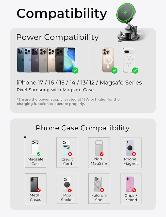 LISEN 15W Magsafe Car Mount Charger, Magnetic Wireless Car Charger, Suction Phone Mount, Vacuum Magnetic Phone Holder for Car Charger for iPhone 17 Pro Max 16 15 14 13 12, Samsung S26/S25,Pixel 10 Pro