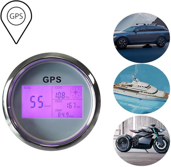 85mm 3 3/8" Boat Waterproof Digital GPS Speedometer MPH KM/H ODO COG Trip with 7 Backlights 12VDC 24V for Motorbike Boat Truck Racing Car (White&Silver)