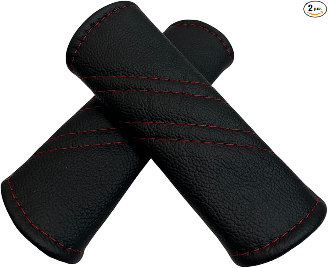 2X Door Handle Cover Sleeves Accent Compatible with Chevy for Corvette C5 Z06, Genuine Leather Torch Red Black with Custom Stitching. (Made in USA) (Black with Red Stitching)