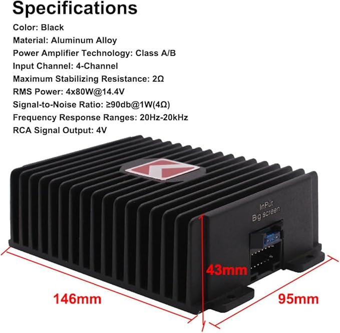 4-Channel Car Amplifier 80Wx4 Audio Power Booster with Pure Copper Transformer Enhanced Sound Quality Audio Amplifier Digital Power for Car Systems