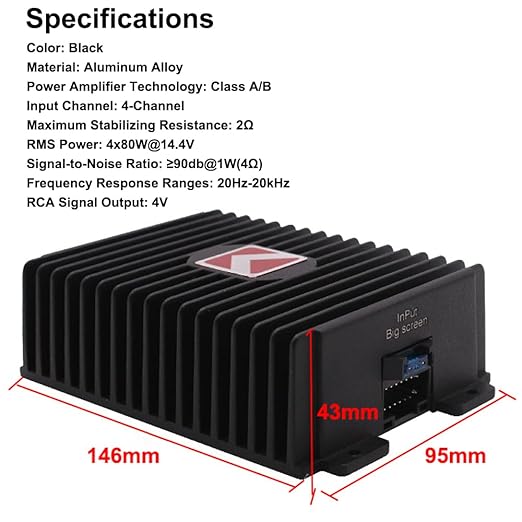 Shkalacar 4-Channel Car Amplifier 80Wx4 Digital Sound Processor DSP Car Audio Booster for Car Player System Car Audio Amplifier with Pure Copper Transformer Aluminum Alloy Body