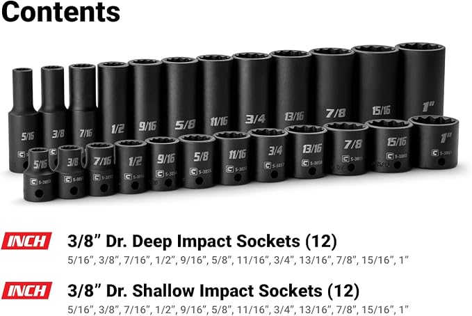 Capri Tools 3/8 in. Drive Shallow and Deep Impact Socket Set, 12-Point, SAE, 5/16 to 1 in., 24-Piece with Black Billet Aluminum Socket Rail