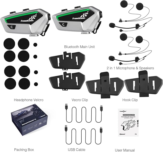 FreedConn FX Motorcycle Bluetooth Headset with Music Sharing, 2pcs FX 10 Riders 1500m Group Helmet Bluetooth Intercom with Noise Cancellation/FM Radio, /Universal Pairing/Silver Ultra-Thin Body