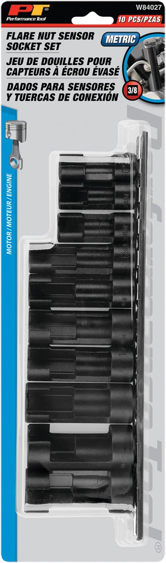 Performance Tool W84027 10 pc. 3/8-in. Dr. Flare Nut Socket Set for Tight Spaces: 10-19mm Sizes, Useful for Sensors, ABS, Master Cylinders, Chrome Vanadium Steel, Black Phosphorus Finish