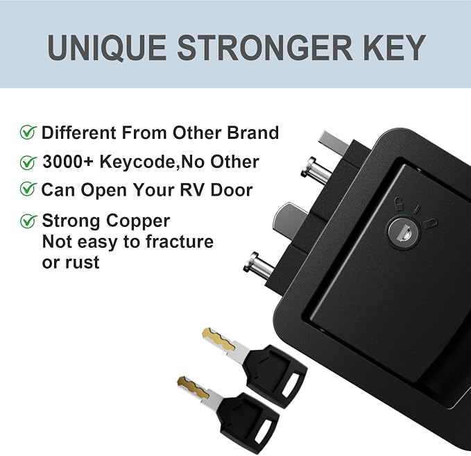 All-Metal RV Door Lock Replacement, Black Motorhome Door Latch Lock Fits 4.25" x 4.50" Opening for Class A and Class C RVs, Includes 4 Keys