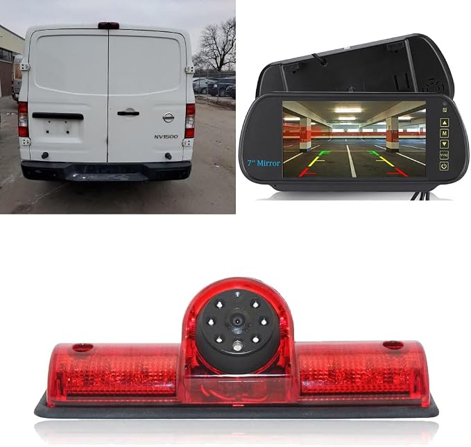 HD Brake Light Roof Rear View Reversing Backup Camera Parking Aids System with Angle Adjustable Compatible with Nissan NV1500/2500/3500 S SV SL Cargo Vans Transporter (Camera+7'' Rearview Mirror)