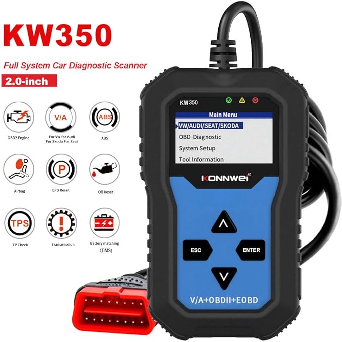 Xiangtat KW350 Full System OBD2 Diagnostic Scanner for VW Audi Skoda Seat Code Reader Automotive Check Engine Light EPB ABS SRS OBDII Scan Tool Oil Throttle Position Brake Reset Tool (KW350)