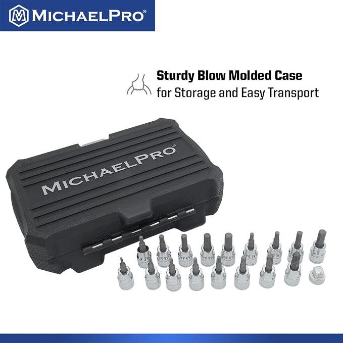 MichaelPro 18-Piece 3/8'' Drive Torx and Hex Bit Socket Set, SAE & Metric (5/32" - 5/16", 4 - 8 mm, T10-T45), High Torque Resistant S2 Steel, Socket Adapter and Storage Case Included - MP012021