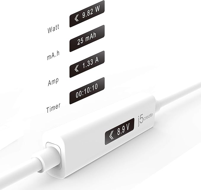 j5create USB to USB C Cable 4ft USB-A 2.0 to USB Type C with OLED Digital Dynamic Power Meter | 60W/3A/480 Mbps Max Fast Charger Cord with Power Delivery 2.0 for Cell Phone, Tablet, Game Console