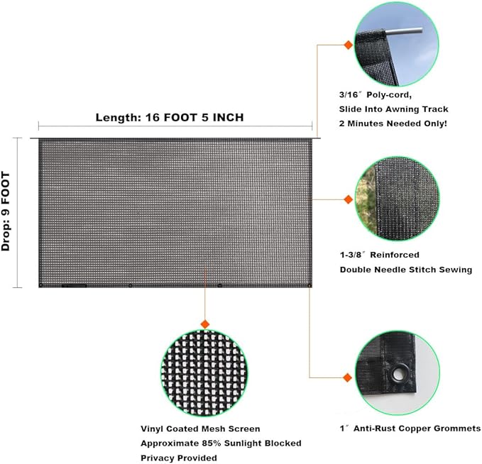 Shadeidea RV Awning Sun Shade Screen - 9' X 16' 5'' (Fit for 17' Awning) Mesh Sunshade for Motorhome Camping Trailer Awning Shadescreen UV Sunblocker Canopy Sunscreen - 3 Year Warranty (Black)