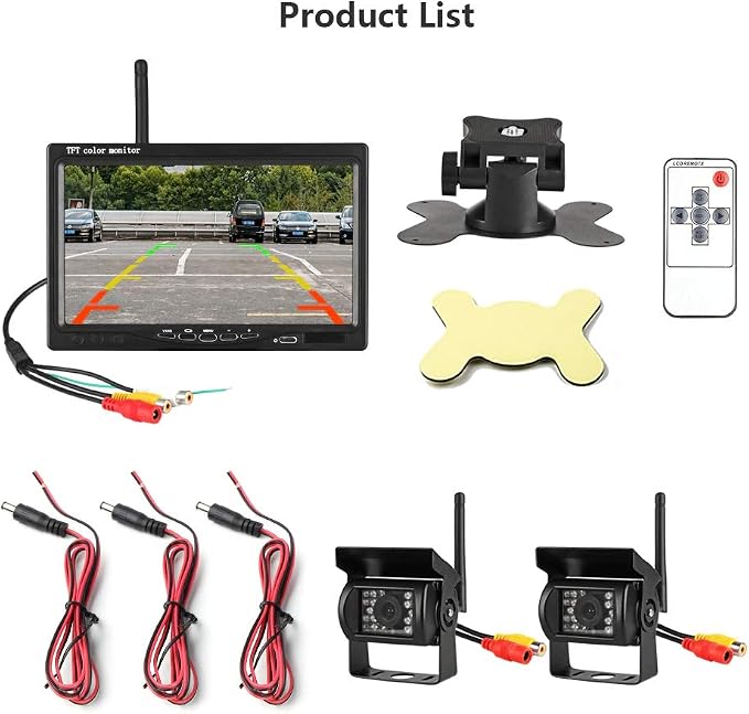 EVERSECU 2pcs Wireless Vehicle Backup Cameras Plus 7" Monitor Parking Assistance System for RV/SUV/Van/Pickup/Truck/Trailer Rear/Side/Front View System Switchable