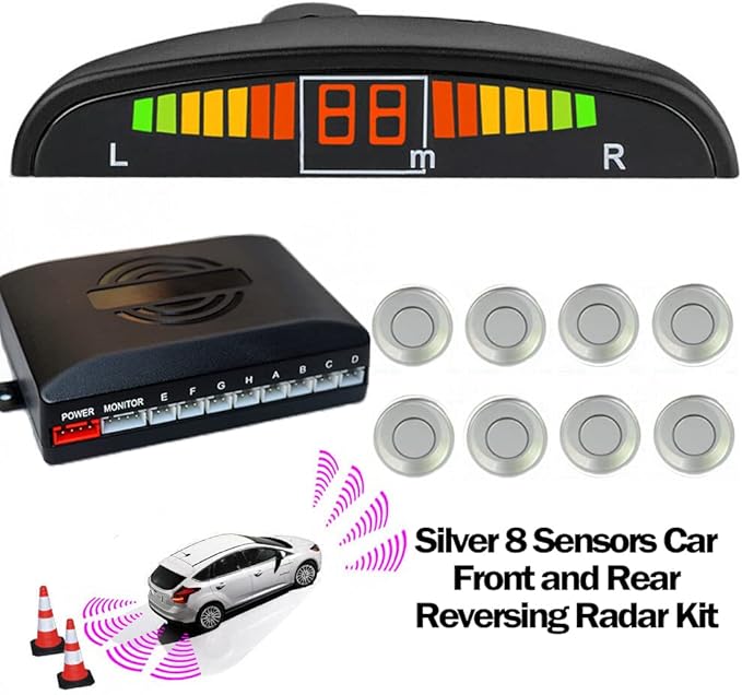 Riloer Car Front and Rear Security Reversing Radar Kit, LED Display Buzzer Alarm 8 Sensor Front and Rear Parking Sensor Prompt for Cars (Silver)